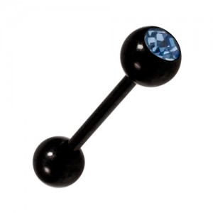Black Anodized Tongue Bar Ring Piercing with Light Blue Strass
