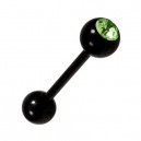 Black Anodized Tongue Bar Ring Piercing with Green Strass