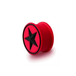 Flexible Biocompatible Silicone Ear Plug Stretcher Expander w/ Black/Red Star Circle