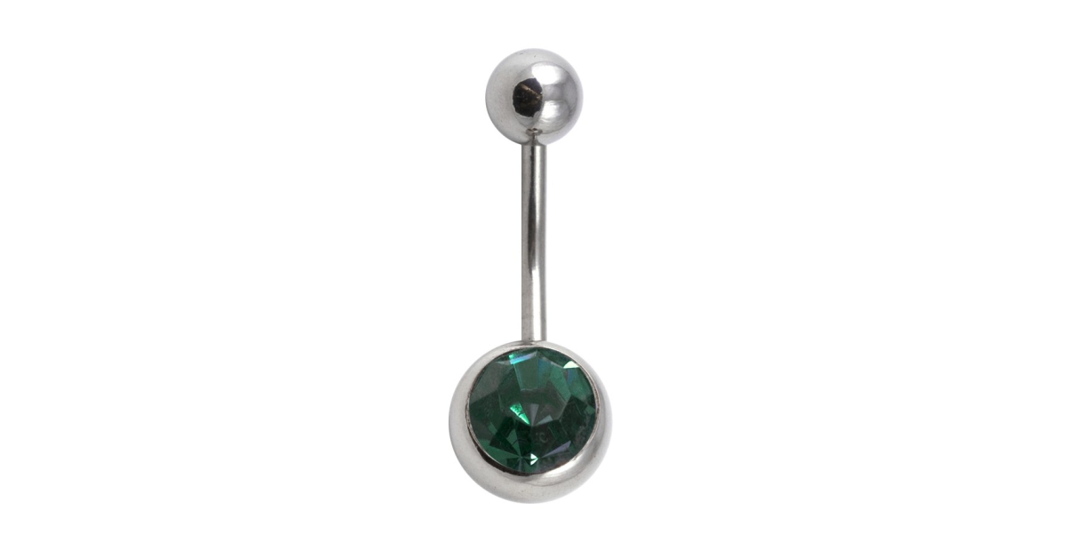 Piercing Pour Nombril En Acier Inoxydable - Tête De Mort Strass Vert, Tige 10mm, Diamètre 1.60mm