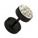 Black Anodized 316L Steel Earlobe Fake Plug Stud Earring w/ Discs & White Crystal