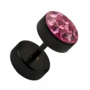 Black Anodized 316L Steel Earlobe Fake Plug Stud Earring w/ Discs & Pink Crystal