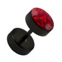 Black Anodized 316L Steel Earlobe Fake Plug Stud Earring w/ Discs & Red Crystal