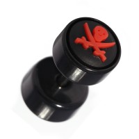 Black Fake Plug Stud Earlobe Piercing with Red Pirate Rubber Logo