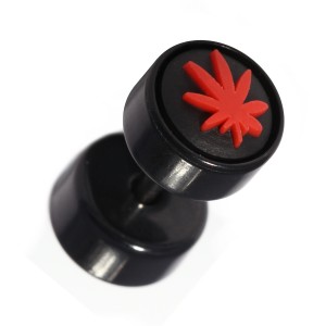 Black Fake Plug Stud Earlobe Piercing with Red Cannabis Rubber Logo
