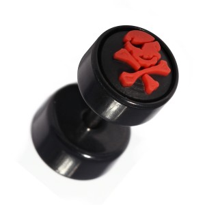 Black Fake Plug Stud Earlobe Piercing with Red Skull Rubber Logo