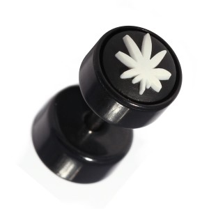 Piercing Oreille Faux Plug Noir Logo Caoutchouc Cannabis Blanc