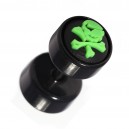 Black Fake Plug Stud Earlobe Piercing with Green Skull Rubber Logo
