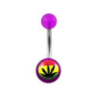Transparent Purple Acrylic Belly Bar Navel Button Ring w/ Cannabis