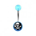 Transparent Light Blue Acrylic Belly Bar Navel Button Ring w/ Skull