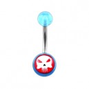 Transparent Light Blue Acrylic Belly Bar Navel Button Ring w/ The Punisher Logo