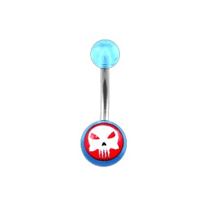 Transparent Light Blue Acrylic Belly Bar Navel Button Ring w/ The Punisher Logo
