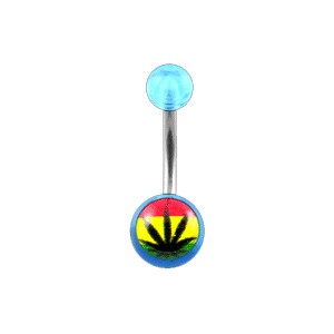Transparent Light Blue Acrylic Belly Bar Navel Button Ring w/ Cannabis