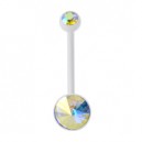White Milk Bioflex Belly Bar Navel Button Ring w/ 19mm Bar and Two Light Rainbow Strass