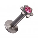 Labret- / Lippenpiercing Push-Fit Stahl 316L Blume Strassstein Rosa