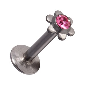 316L Steel Lip/Labret Push-Fit Bar Stud Piercing with Pink Flower Strass