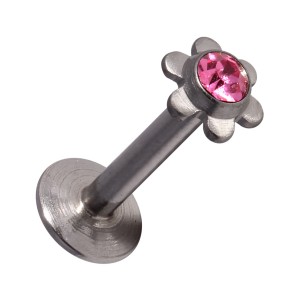 Labret- / Lippenpiercing Push-Fit Stahl 316L Blume Strassstein Rosa
