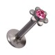 Labret- / Lippenpiercing Push-Fit Stahl 316L Blume Strassstein Rosa