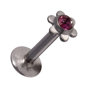 316L Steel Lip/Labret Push-Fit Bar Stud Piercing with Purple Flower Strass