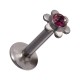 316L Steel Lip/Labret Push-Fit Bar Stud Piercing with Purple Flower Strass