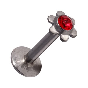 Labret- / Lippenpiercing Push-Fit Stahl 316L Blume Strassstein Rot