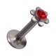 Labret- / Lippenpiercing Push-Fit Stahl 316L Blume Strassstein Rot
