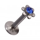 Labret- / Lippenpiercing Push-Fit Stahl 316L Blume Strassstein Dunkelblau