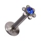 Labret- / Lippenpiercing Push-Fit Stahl 316L Blume Strassstein Dunkelblau