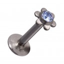 Labret- / Lippenpiercing Push-Fit Stahl 316L Blume Strassstein Hellblau