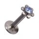 Labret- / Lippenpiercing Push-Fit Stahl 316L Blume Strassstein Hellblau