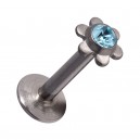 316L Steel Lip/Labret Push-Fit Bar Stud Piercing with Turquoise Flower Strass