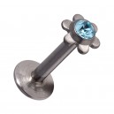 Labret- / Lippenpiercing Push-Fit Stahl 316L Blume Strassstein T&uuml;rkis