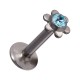 Labret- / Lippenpiercing Push-Fit Stahl 316L Blume Strassstein Türkis