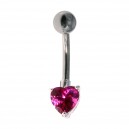 Dark Pink Heart Strass 925 Silver & 316L Steel Belly Bar Navel Ring