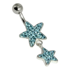 925 Silver & 316L Steel Belly Bar Navel Ring with Turquoise Strass Crystal Star & Dangling Star