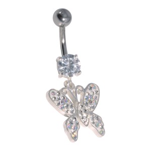 White/Multicolor 925 Silver & 316L Steel Belly Bar Navel Button Ring with Round Strass & Dangling Butterfly