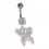 White/Multicolor 925 Silver Belly Ring with Round Strass & Dangling Butterfly