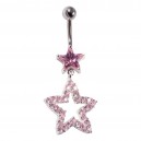 925 Silver & 316L Steel Belly Bar Navel Ring Pebble Stone Star & Dangling Crystal Pink Hollow Star