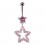 925 Silver Belly Ring Pebble Stone Star & Dangling Crystal Pink Hollow Star