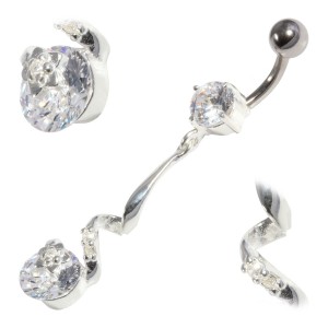 Two White Strass 925 Silver & 316L Steel Belly Bar Navel Button Ring with Dangling Ribbon & Flower