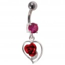 925 Silver & 316L Steel Belly Bar Navel Ring Strass & Dangling Red Rose