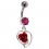 925 Silver Belly Ring Strass & Dangling Red Rose