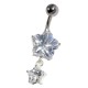 Flower Strass 925 Silver & 316L Steel Belly Bar Navel Button Ring & Dangling White Star