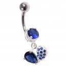 Stone 925 Silver & 316L Steel Belly Bar Navel Button Ring & Asymmetric Dark Blue Dangling Heart