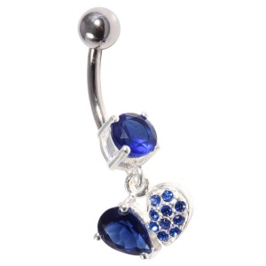 Stone 925 Silver & 316L Steel Belly Bar Navel Button Ring & Asymmetric Dark Blue Dangling Heart