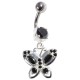 Black Strass 925 Silver & 316L Steel Belly Bar Navel Button Ring & Dangling Pebble Stones Butterfly