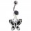 Black Strass 925 Silver Belly Ring & Dangling Pebble Stones Butterfly