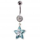 Strass 925 Silver & 316L Steel Belly Bar Navel Button Ring & Superimposed White/Turquoise Dangling Double Star