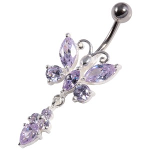 Light Purple Dangling 3 Points & 1 Drop Pebble Stones Butterfly 925 Silver & 316L Steel Belly Bar Navel Button Ring