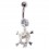 White Strass 925 Silver Belly Button Ring & Dangling 10 Strass Skull